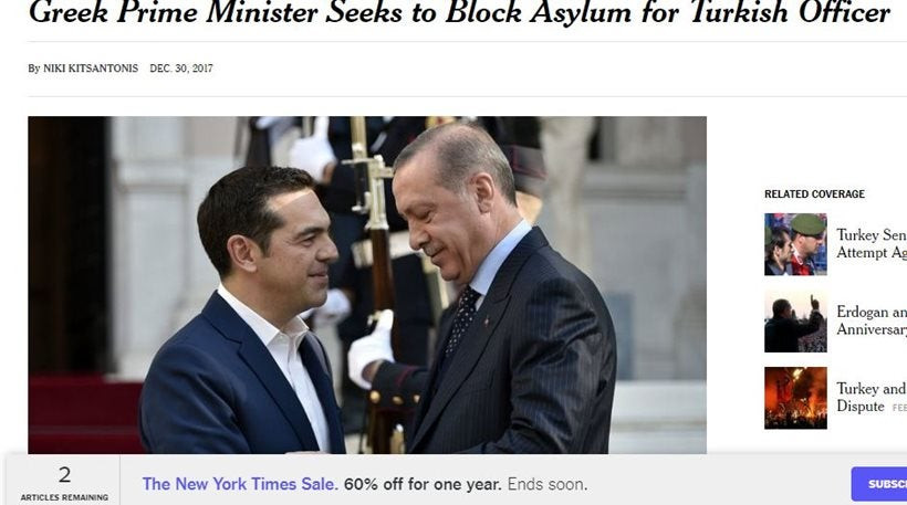 New York Times: Σε δύσκολη θέση ο Τσίπρας έπειτα από την απόφαση για άσυλο στον Τούρκο στρατιωτικό